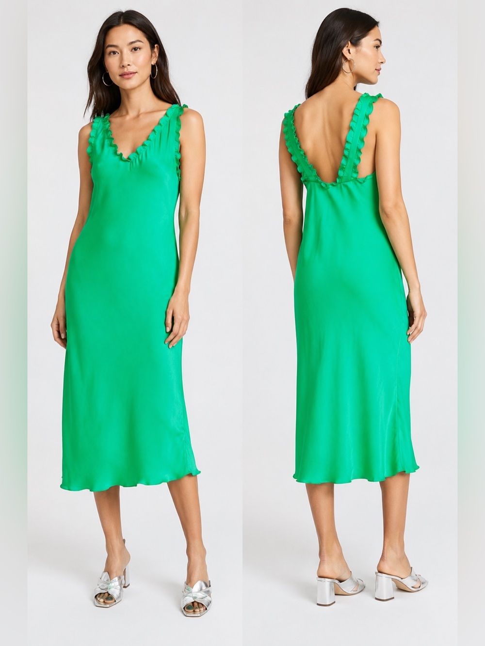 TIBI RUFFLE-TRIMMED WASHED-SATIN MIDI DRESS IN GREEN Size 4